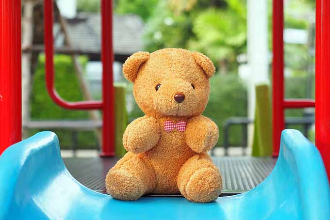 一个小棕色泰迪熊坐在一个蓝色塑料幻灯片的顶部，在一个软焦点背景。