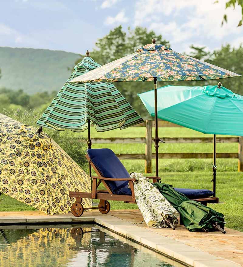 多种颜色和风格的犁和灶台经典天井市场伞设置在一个农村后院的高端游泳池旁边。