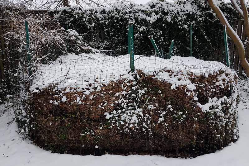 一个近距离水平图像的堆肥堆在冬天，覆盖在雪。