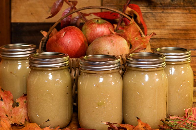 密切的横向图像jar包含新鲜自制苹果酱和秋叶分散轮和柳条篮子水果在后台。