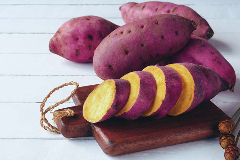 一个近距离的水平图像，一个紫色皮的红薯，橙色的果肉被切在一个小的木砧板上，背景是四个完整的红薯。
