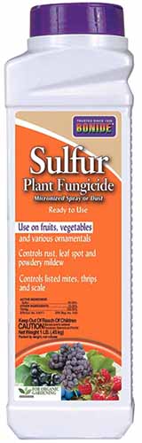 一个近距离垂直图像的一瓶Bonide硫磺植物杀菌剂孤立在白色背景。